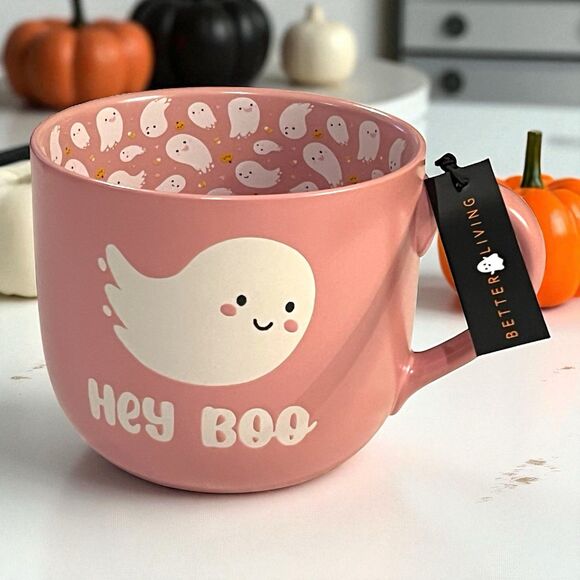 Better Living HEY BOO Cute Ghosts Pink Halloween Large Mug Ghosts Inside - Picture 1 of 7